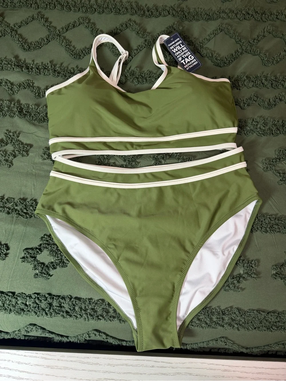 Women’s Olive Green Two-Piece Swimsuit with White Trim